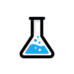 A simple, modern illustration of a conical flask filled with blue liquid and bubbles, representing scientific research, experimentation, and laboratory concepts on a clean, white background.