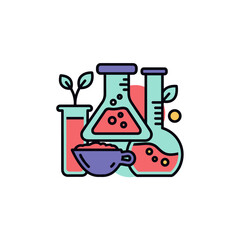 An illustrated icon showcases laboratory glassware with colorful liquids, a small plant, and a cup, representing science, research, and experimentation in a clean, modern design.