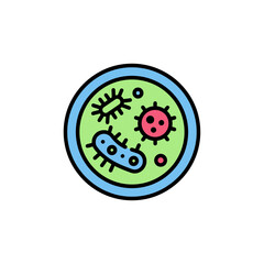 An illustrative vector graphic depicts various microorganisms, including bacteria and viruses, within a petri dish, representing scientific research and medical concepts on a white background.