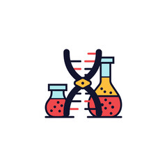 A colorful illustration depicts a DNA strand intertwined with laboratory flasks containing liquids, symbolizing science, genetics, and biological research on a clean white background.