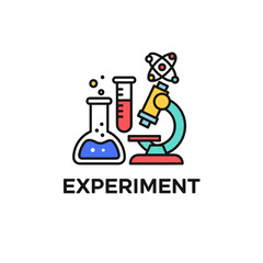 A vibrant illustration depicts a science experiment with a microscope, test tubes, a flask, and an atom model, symbolizing scientific research and discovery on a white background.
