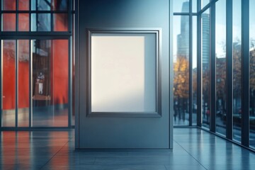 Empty modern gallery interior with large blank vertical frame on pedestal surrounded by floor-to-ceiling windows overlooking cityscape