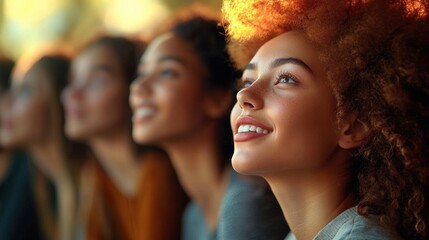 Obraz premium Close-up of a young woman with curly hair smiling and looking upwards with three blurred women in the background sharing a positive and hopeful atmosphere