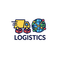 A vibrant logistics logo featuring a delivery truck, packages, and a globe with interconnected nodes, symbolizing global shipping and transportation on a clean white background.