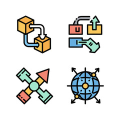 A collection of colorful, flat design icons representing various business concepts, including data flow, information exchange, global reach, and strategic direction, perfect for presentations.