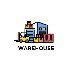 A vibrant, vector illustration depicts a warehouse scene with a forklift, boxes, and a building, representing logistics and storage in a colorful, modern design.