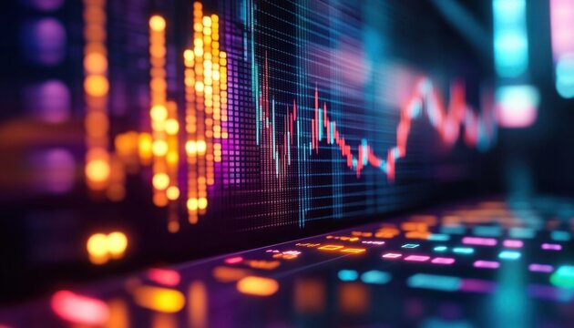 Colorful digital financial chart with fluctuating line graph displayed on a modern electronic screen emitting vibrant glowing lights