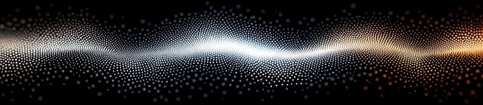 Abstract wave formation created by glowing white and orange dots on a black background conveying dynamic motion and a futuristic digital atmosphere