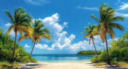 Obraz premium Peaceful tropical beach scene with clear blue sky, scattered white clouds, calm turquoise ocean, palm trees, and lush green foliage framing soft sandy shore