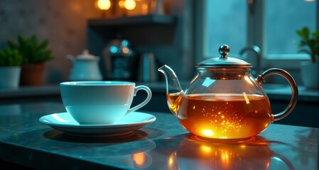 Fototapeta premium A glass teapot with amber tea and a white cup sit on a table in a warm room.