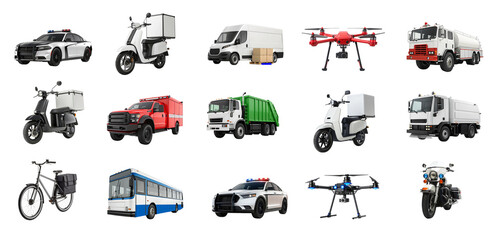 City Vehicles PNG Pack featuring urban transport and service vehicles such as police cars, delivery scooters, drones, buses, fire trucks, garbage and water trucks.