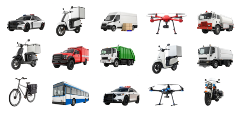 City Vehicles PNG Pack featuring urban transport and service vehicles such as police cars, delivery scooters, drones, buses, fire trucks, garbage and water trucks.