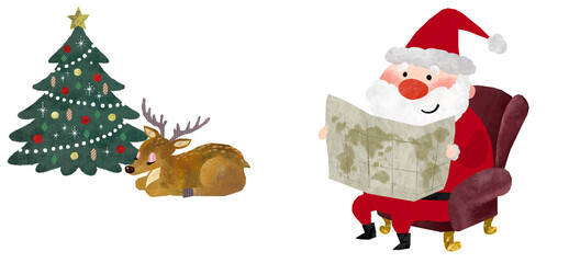 世界地図を笑顔で見ているサンタクロースとクリスマスツリーの横で眠るトナカイのクリスマスイラスト素材のセット