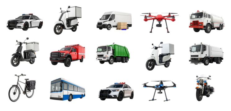City Vehicles PNG Pack featuring urban transport and service vehicles such as police cars, delivery scooters, drones, buses, fire trucks, garbage and water trucks.