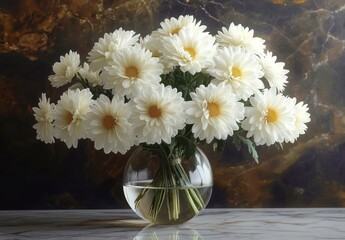 Bright white daisies arranged in a round clear glass vase filled with water on a marble surface against a dark textured background