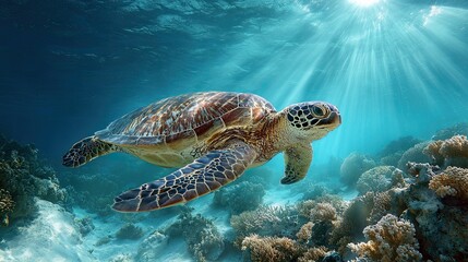 Fototapeta premium A serene underwater scene featuring a sea turtle gliding gracefully among vibrant coral reefs, illuminated by rays of sunlight.