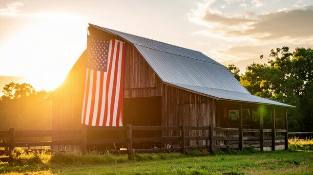 A weathered barn with an American flag, bathed in golden sunlight