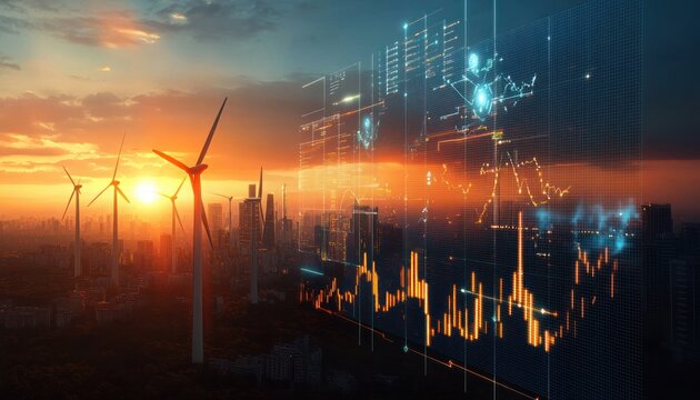 Sunset over a futuristic cityscape with towering wind turbines and glowing digital financial charts superimposed on skyscrapers, symbolizing sustainable energy and technology integration