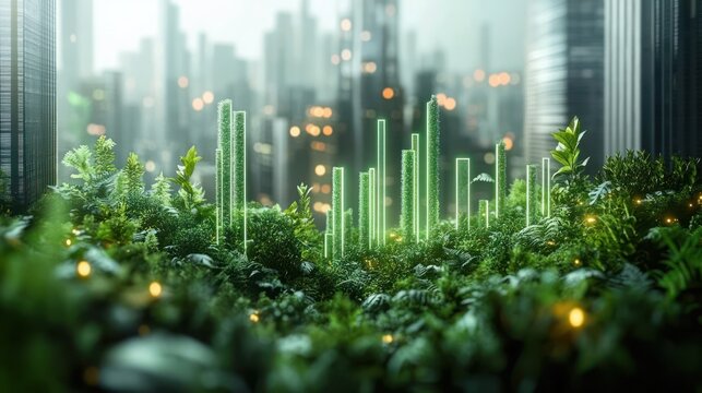 Futuristic cityscape blending lush green foliage with glowing vertical digital bars against skyscraper background, symbolizing urban nature integration and innovation