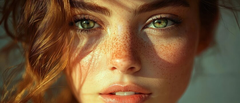 Close-up of a young woman with green eyes, freckles, and curly red hair softly illuminated by warm sunlight, evoking a natural and serene mood