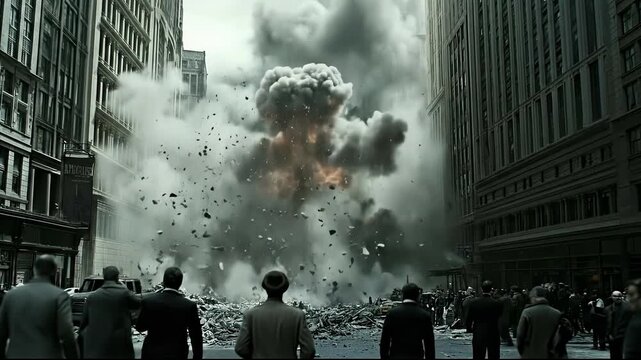 A dramatic urban scene depicting an explosion in a city center.