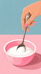 Pink bowl white sugar spoon held by manicured hand stirring sweet ingredient with pastel background evoking domestic care and soft mood