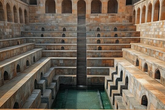 Ancient stepwell with symmetrical stone stairs and arches surrounding a central pool of clear water evoking a sense of history and tranquility