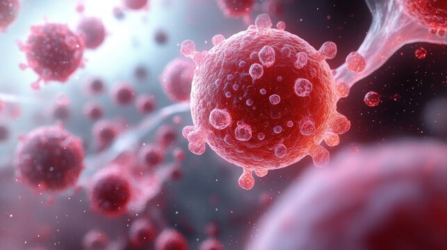 Close-up view of red microscopic virus particles with textured surfaces floating in a fluid environment evoking a sense of microscopic biological activity