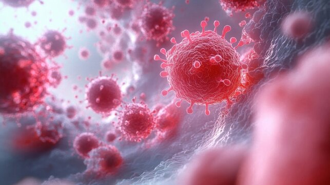 Close-up view of red virus particles with spike proteins floating in a biological environment, representing infection and microscopic pathogens