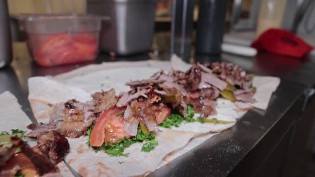 Beef Shawarma Sandwiches &ndash; Middle Eastern Street Food Preparation