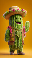 Smiling cactus character wearing straw hat and floral lei, festive costume and shoes on yellow background