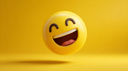 Laughing yellow emoji face with joyful expression floating on yellow background