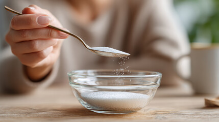 Granulated white sugar being scooped with spoon over glass bowl, soft warm kitchen light, cozy morning mood