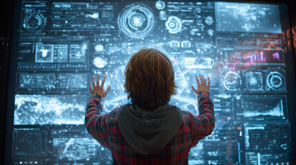 Young person interacting with futuristic transparent touchscreen display showing data and holographic interface, immersive tech exploration