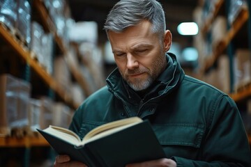 Middle-aged man focused on reading a book in a warehouse surrounded by shelves loaded with boxes under warm lighting