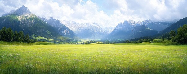 Fototapeta premium Vast green meadow filled with wildflowers under a partly cloudy sky with towering rugged mountains in the background