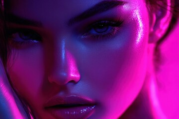 Close-up of a woman's face illuminated by vibrant purple and blue neon lights with glossy lips and intense gaze, creating a futuristic and mysterious mood