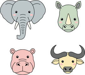 Cute Cartoon African Big Animals Heads Elephant, Rhino, Hippo, and Buffalo Vector Set Bold Outline Simple Color Flat Design
