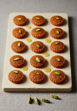 Traditional Indian Sweet Doda Burfi Peda with Pistachio and Cardamom on Stone Plate Vertical High Angle Concept