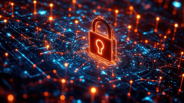 Glowing red padlock symbolizing cybersecurity and data protection surrounded by blue digital circuit network with bright connection points - Powered by Adobe