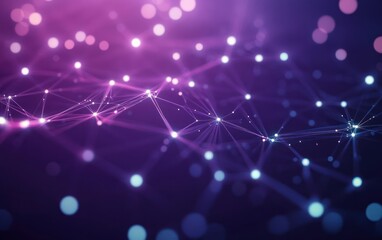 Abstract digital network with glowing nodes and connecting lines in purple and blue tones creating a futuristic and technological ambiance