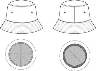 CAD Drawing Flat Vector Illustration, Bucket Hat Multiple Views, Ventilation Eyelets, Panel Structure, Fashion Template, Headwear Design Sketch Artwork