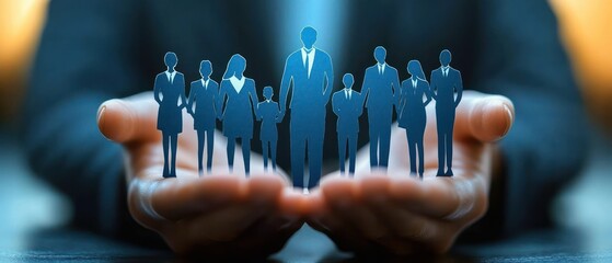 Hands holding a group of paper cutout figures representing diverse business people of varying ages and genders symbolizing care and protection