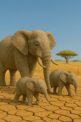 Claymation elephant family walking across dry cracked savanna with acacia tree in background