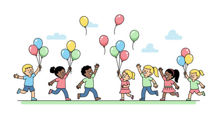 Fototapeta premium Diverse group of happy children playing and running with colorful balloons outdoors illustration