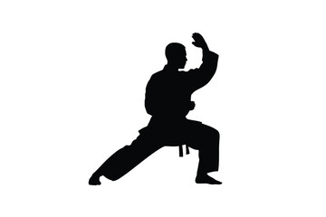 Obraz premium Black silhouette of martial artist in fighting stance karate