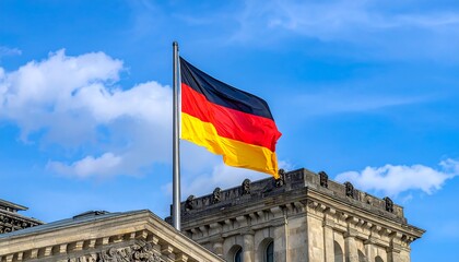 German flag waving against a blue sky