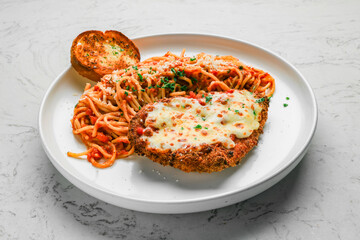 Chicken Parmigiana Spaghetti, Roasted Tomato Sauce, and Crusted Chicken Parm