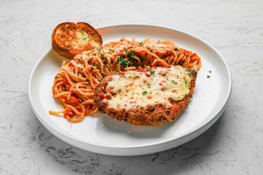 Chicken Parmigiana Spaghetti, Roasted Tomato Sauce, and Crusted Chicken Parm