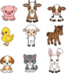 Obraz premium Cartoon Farm Animals Pig Cows Duck Sheep Horse Dog Cat Rabbit.